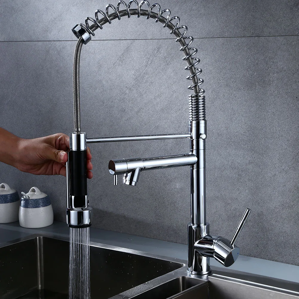 Dual Spouts 360 Swivel kitchen sink faucet Chrome Spring Pull Down Kitchen Faucet green Kitchen Mixer Crane Cold 2 Outlet Dual Spouts 360 Swivel kitchen sink faucet Chrome Spring Pull Down Kitchen Faucet green Kitchen Mixer Crane Cold 2 Outlet