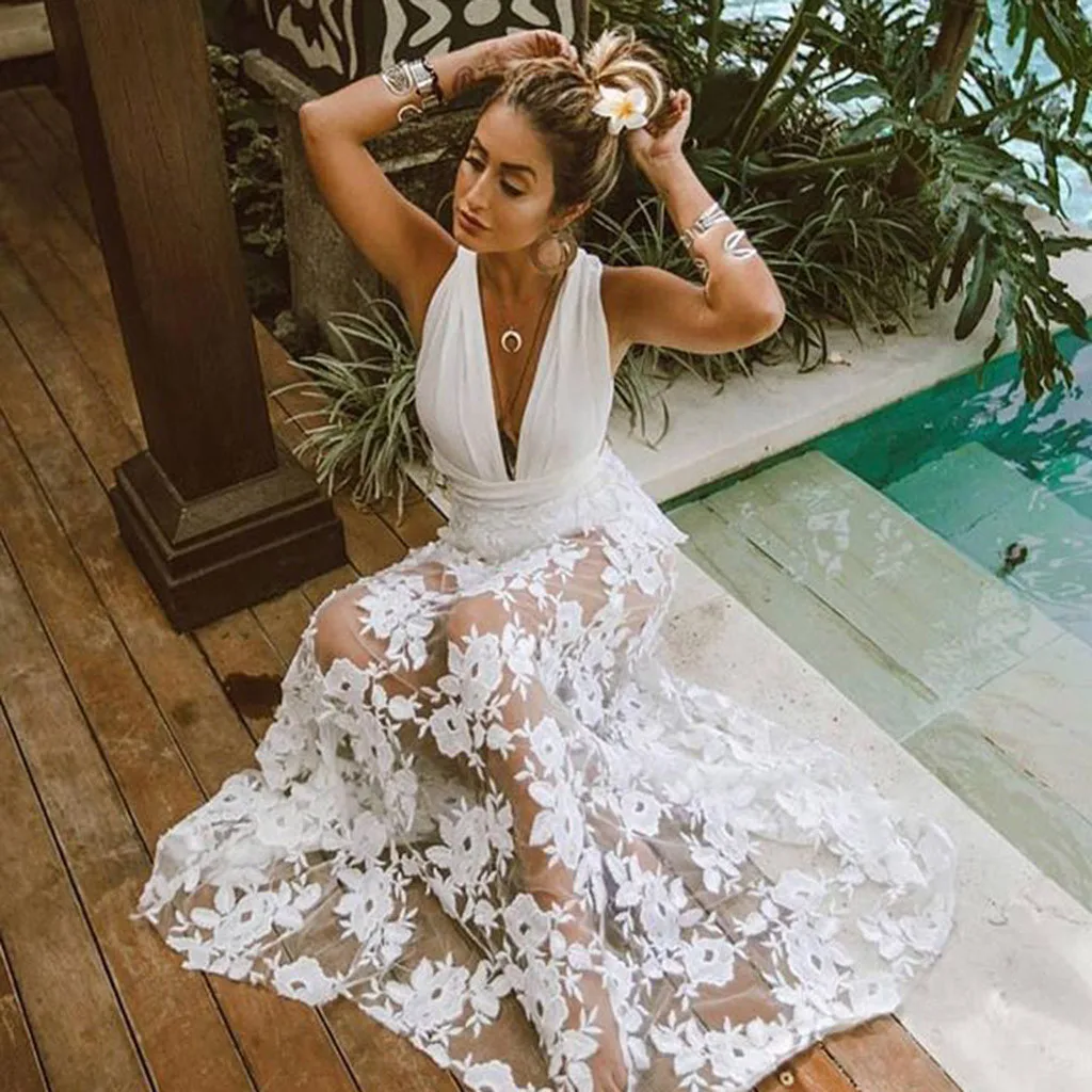 

2019 dress summer dress Women's Ladies Solid Lace Sleeveless Casual Mid Claf Dress Split Summer Dress 1