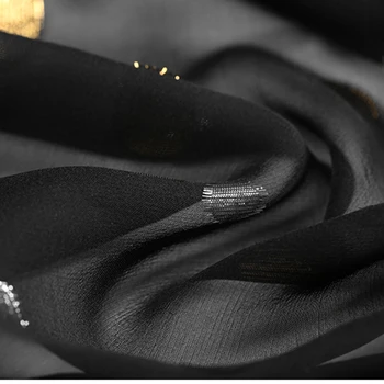

107CM Wide 10MM Weight Silver Golden Dots Jacquard Thin Black Silk Georgette Fabric for Summer Dress Shirt E1022