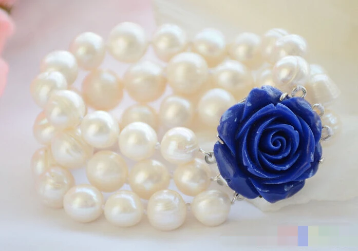 

1085 3row 8" almost round white screw thread freshwater pearl bracelet