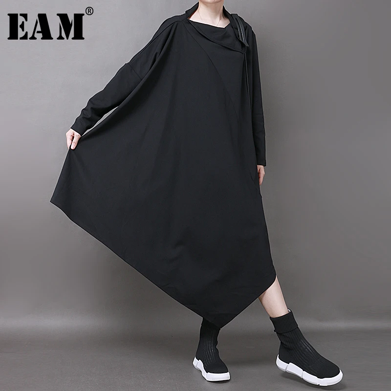 

[EAM] 2019 New Autumn Winter Round High Collar Long Sleeve Irregular Personality Big Size Loose Dress Women Fashion Tide JY051