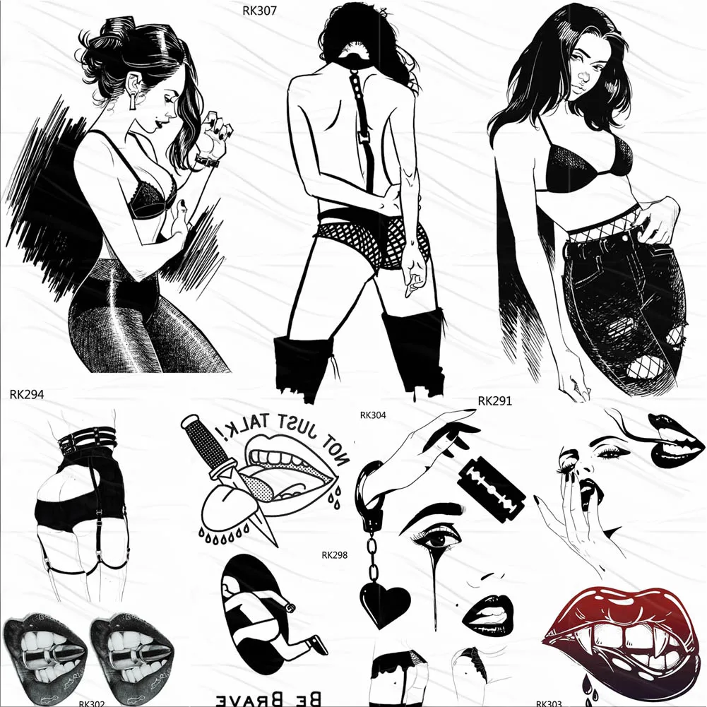 OMMGO Sexy Naked Girl Hot Temporary Tattoos Women Sticker Black Drawing Fake Tattoo Custom Tatoos Lips Body Art Arm Minimalist