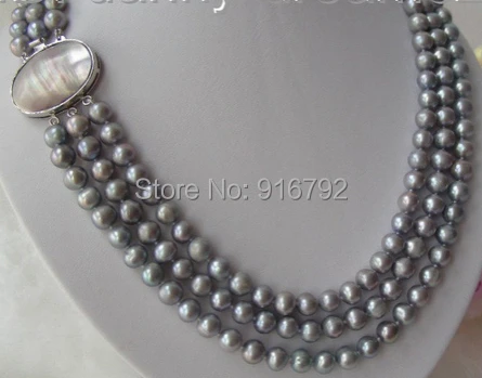 

YH@CS >>CLASSIC 3strands 17-19" 9mm round gray freshwater cultured pearls necklace