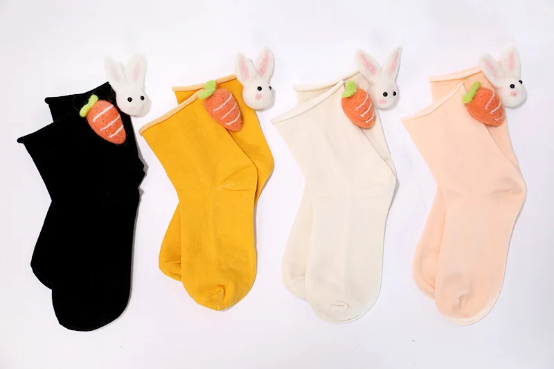 UNIKIWI. Kawaii, женские носки с морковкой, с мультяшным Кроликом, повседневные, яркие цвета, с фетровыми помпонами, носки по щиколотку, для девушек, милые животные, Sox Hosen