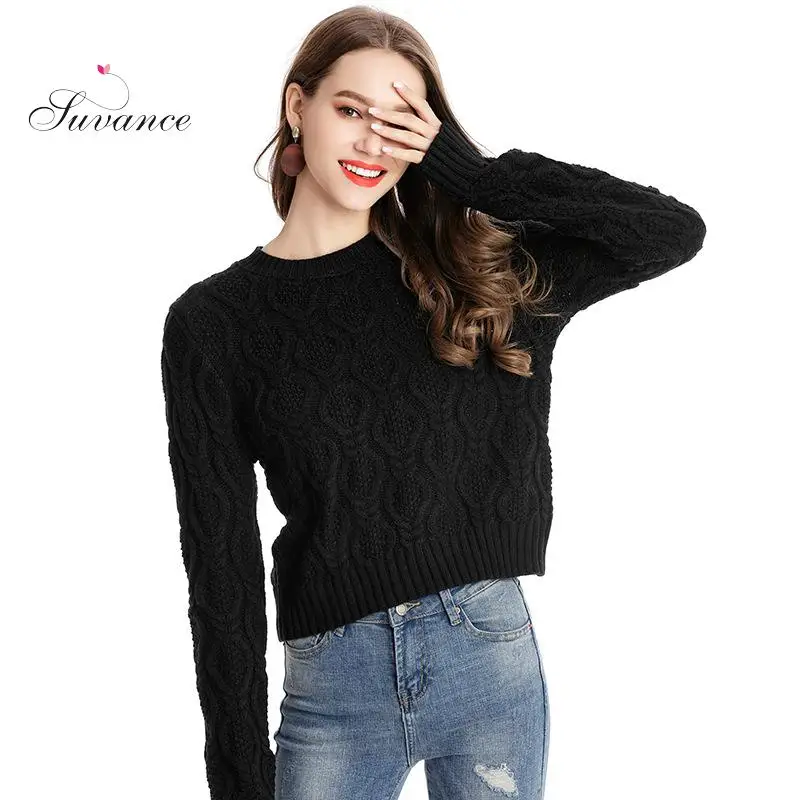 Suvance Spring Casual Knitted Solid Color Pullover O Neck Patchwork Long Sleeve Loose Women Short Sweater | Женская одежда