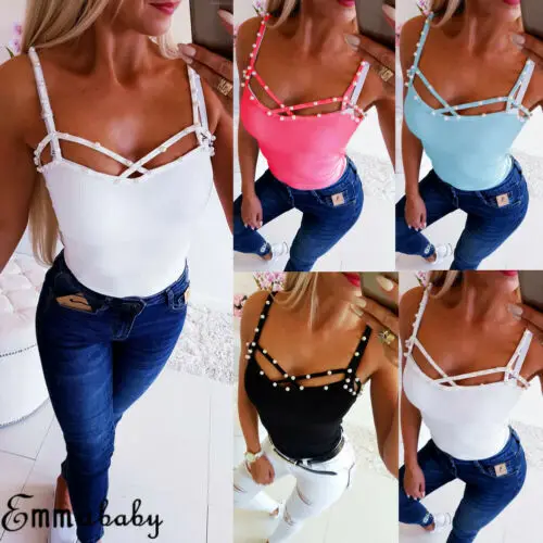 

Summer Sexy Perle Sleeveless Camis Ladies Fashion Tanks Crop Top Casual Tops Solid Color Tops Streetwear Woman Clothes