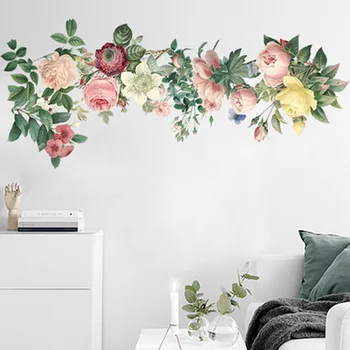 

Colorful Flowers with Green Leaves Wall Decal Home Decor Art Living Room Bedroom Self-adhesive Simulation Flowers Wall Applique