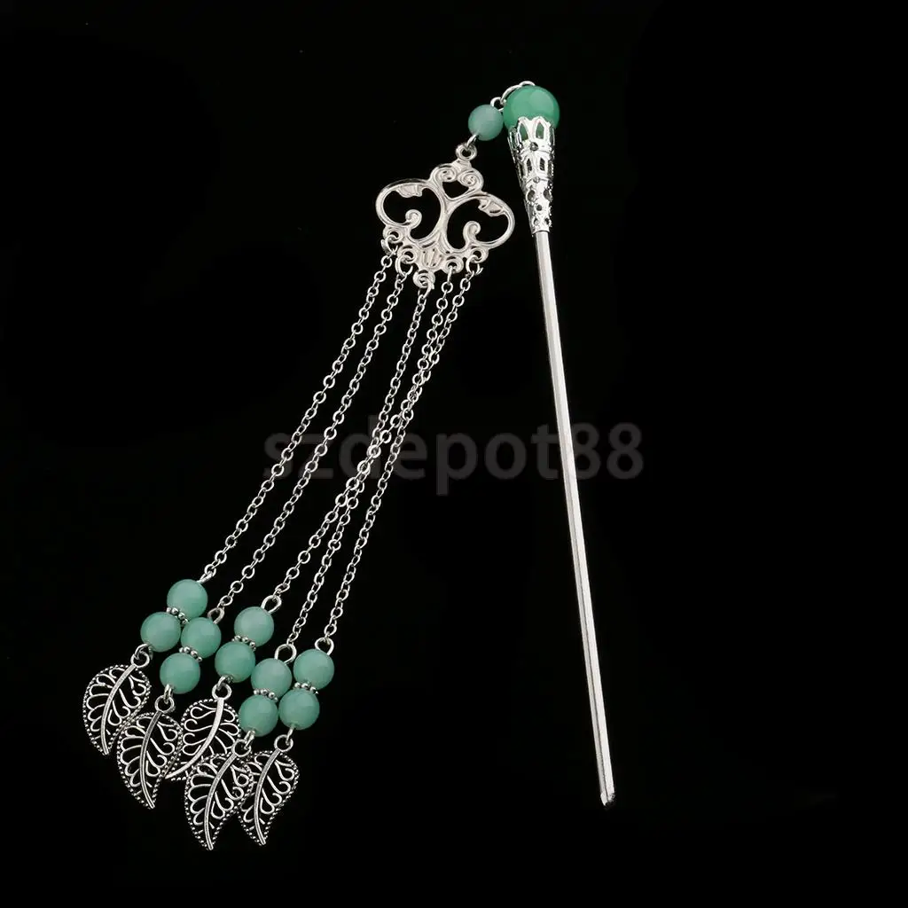 Solid Metal Tasel with Beads Stick Pin Hanfu Dress Ancient Chinese Cosplay Drama Girls Cute Hair Pin