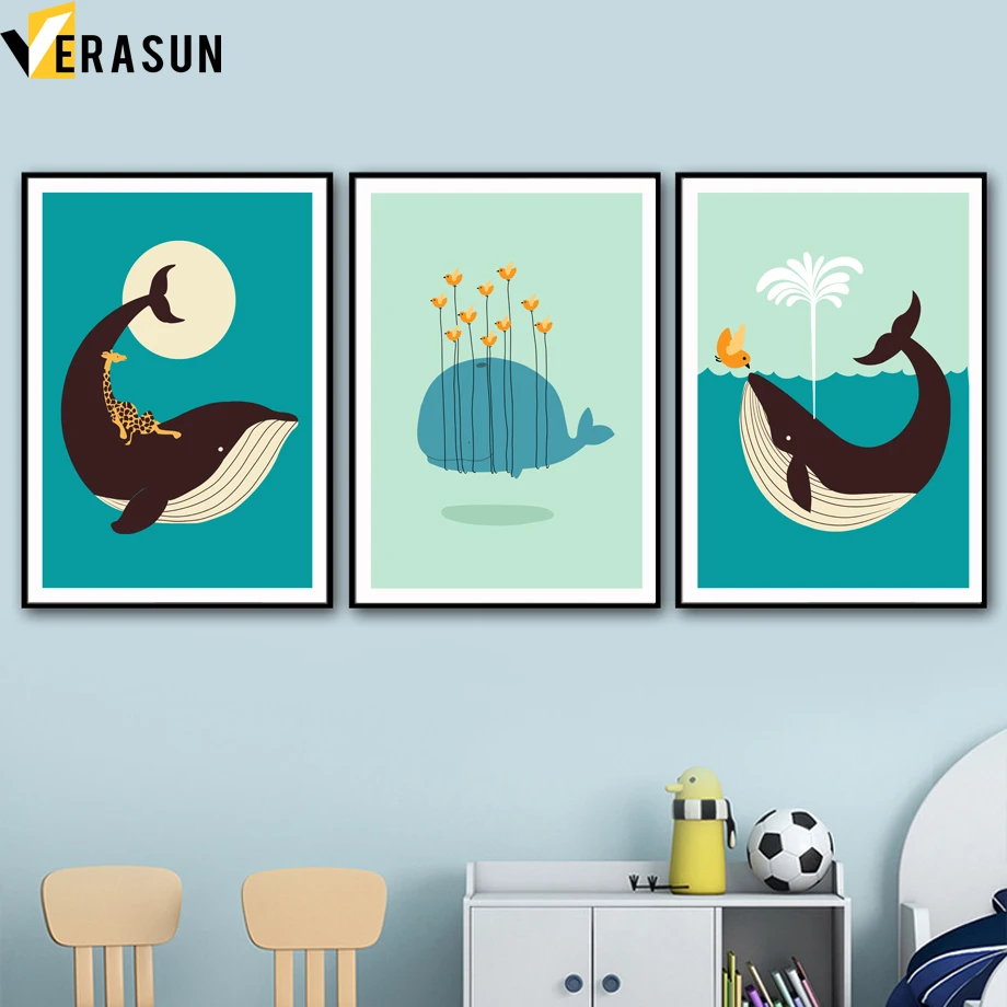 

Cartoon Small Giraffe Bird Whale Wall Art Canvas Painting Nordic Posters And Prints Animal Wall Pictures Kids Room Bedroom Decor