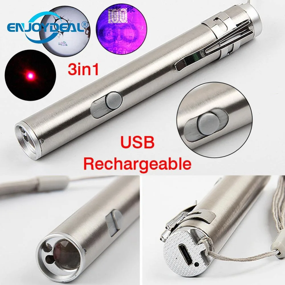 Enjoydeal 3светодио дный В1 USB светодиодный фонарик перезаряжаемый лазерный УФ-Фонарь ручка тактический фонарь лампа для активного отдыха