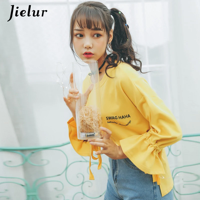 

Jielur Korean New Lace-up Flare Sleeve Yellow Hoodie Harajuku Letter Thin Kawaii Sweatshirt Women O Neck Loose Moletom Feminino