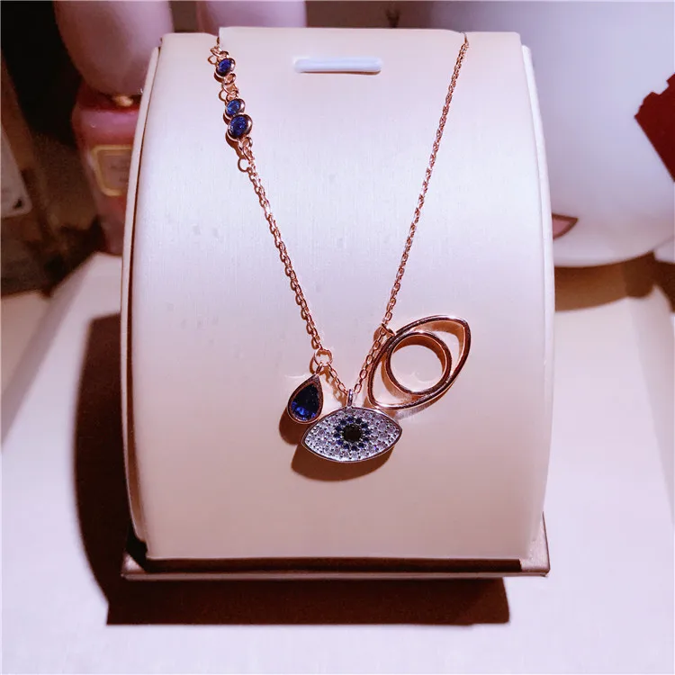 

Famous Brand Design Double Blue Evil Eyes Necklace For Women rose Gold Color Cubic Zirconia Charm pendant Feminino Bijuterias