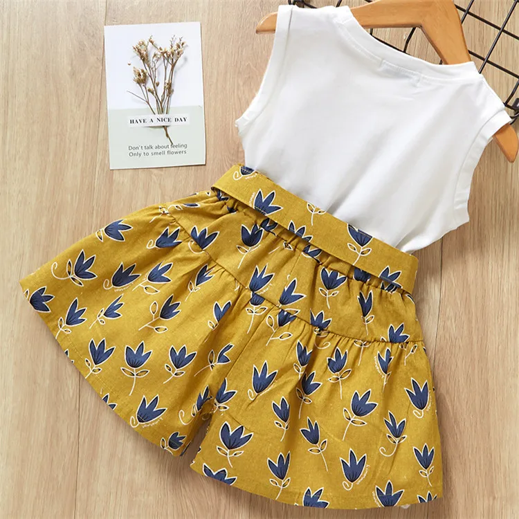 Kids Girls Clothes Sets Age 3 4 5 6 7 Years Old Kids Girls Clothing Children's Bowknot White T-shirt + Printed Shorts 2pcs Suits 016