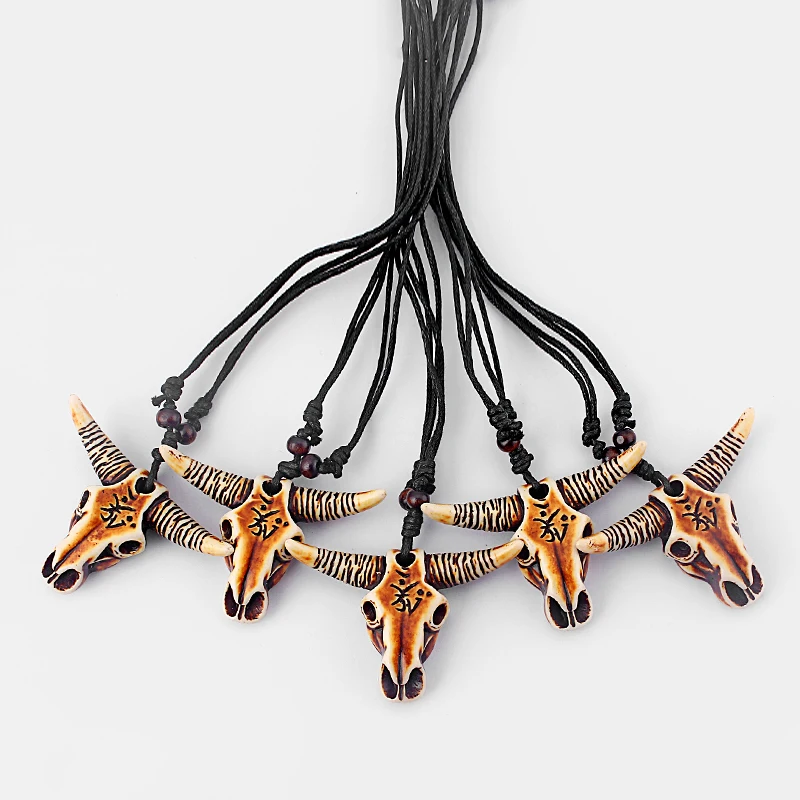 

12pcs Large Brown Resin Cow/Bull Ox Head Skull Pendant Necklace Faux Yak Bone Cattle Wax Cotton Cord