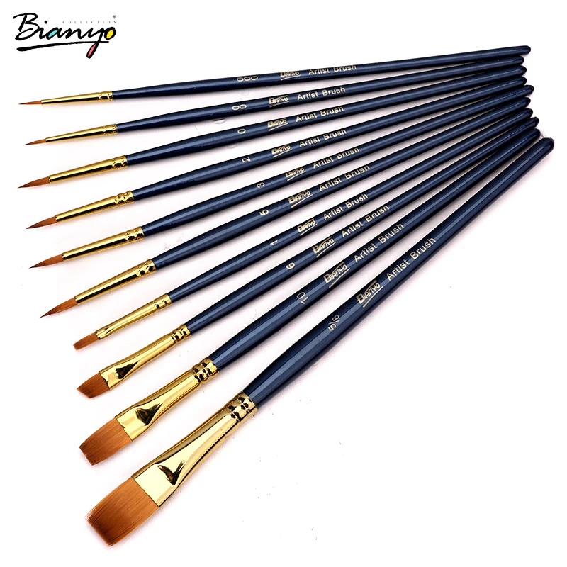 Koop Bianyo 10 Stks set Nylon Haar Houten Aquarel Penseel Set Voor Arylic Gouache Tekening Schilderij Borstels Kunst School Supplies