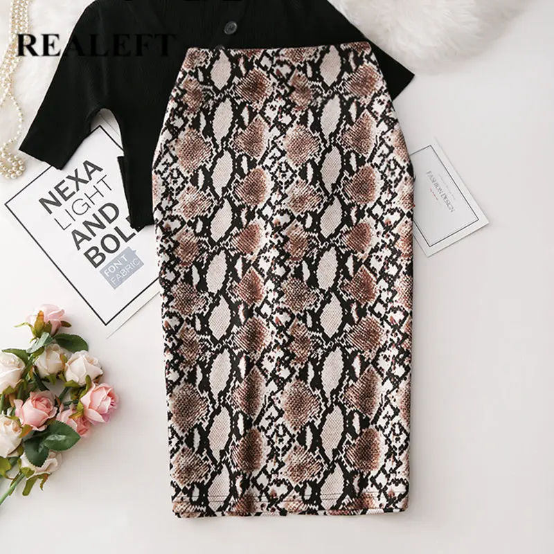 

REALEFT 2019 Women Snake Printed Pencil Wrap Skirts New Arrival High Waist Knee-Length Bodycon Sheath Midi Skirts for Ladies