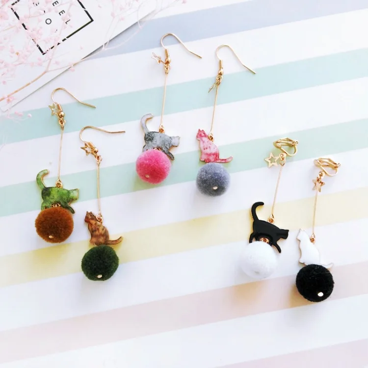 New Design Asymmetry Enamel Lovely Cat Hair Ball Drop Earrings Winter Long Tassel Dangle Earring Woman Elegant Delicate Jewelry