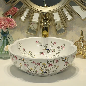 

Jingdezhen White Flower And Bird flower shape Ceramic Art Basin Sinks Europe Vintage Style Counter Top Wash Basin Bathroom sink