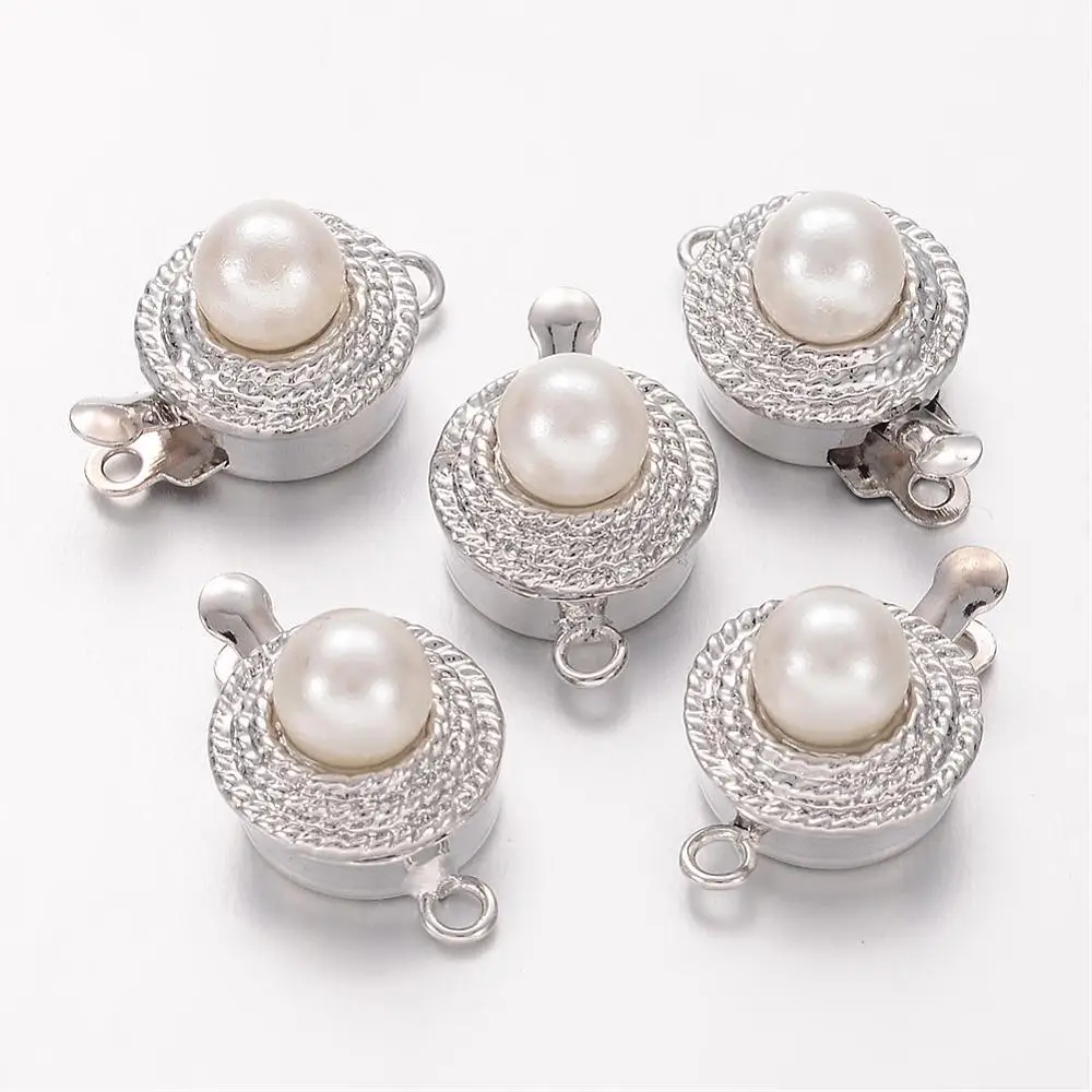 

Platinum Tone Brass Box Clasps, with Alloy Acrylic Pearl Beads Cabochon, Nickel Free, about 11mm wide, 18mm long, 9mm thick;