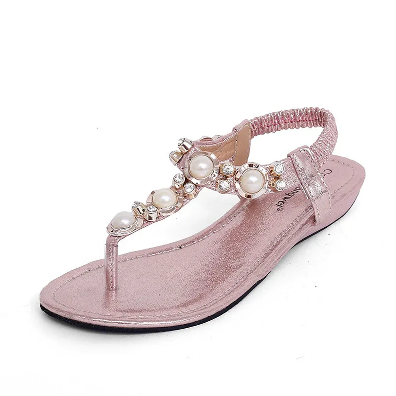 2016 New Flat Sandals Bridal Pearl Shoes Women Flip Flops Diamond ...