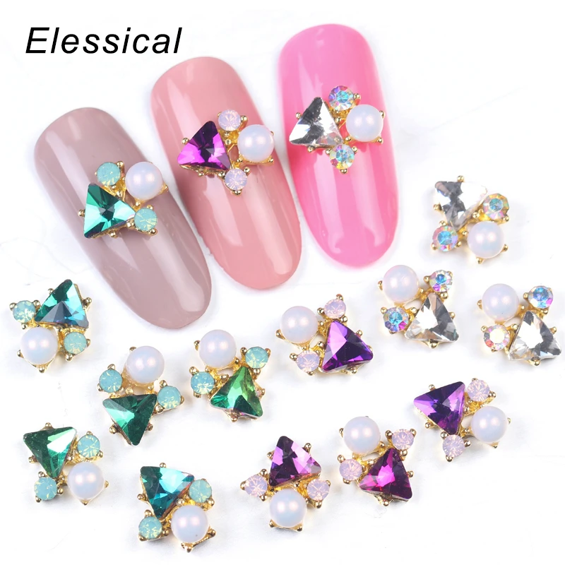 ELESSCAL 10pcs Triangle Strass Gold Alloy Nail Charm Rhinestones Gems