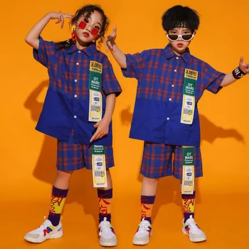 

1 set Kids Hip Hop Ballroom Dance Clothes for Girls Boys Jazz Dancing Costumes Plaid T Shirt Tops Jogger Short Pants Dancewear