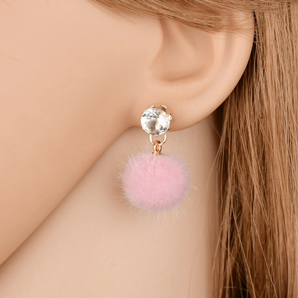 

5 Colors Artificial Rabbit Fur Ball PomPom Drop Earrings For Women Cute Soft Pom Pom Dangle Earrings Girls Crystal Earings Gifts