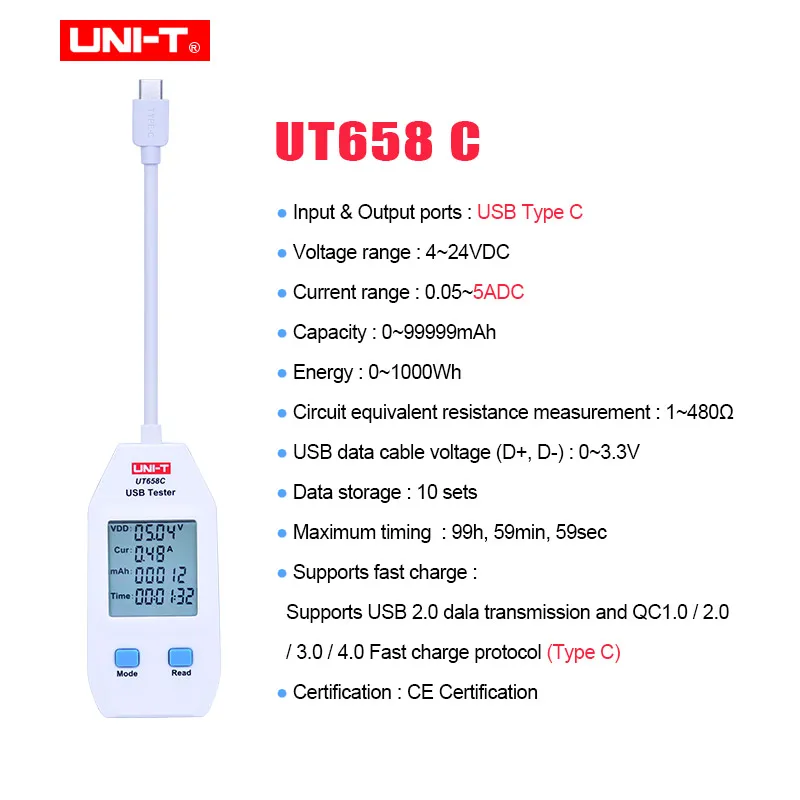 USB тестер UNI-T UT658A/C/двойной Напряжение и ток мониторы вольт ампер цифровой продукт зарядное устройство Емкость метр с хранения данных - Цвет: UT658C