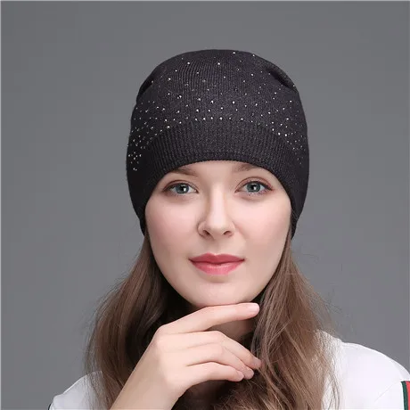 Женские модные шапочки со стразами, однотонные вязаные двухслойные береты-кепки, женские зимние осенние шерстяные женские шапки - Цвет: Dark grey