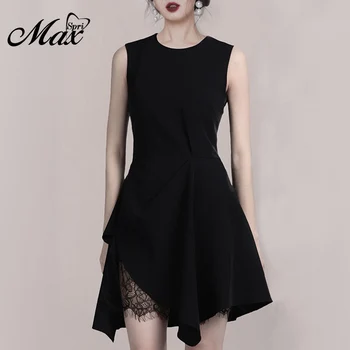 

Max Spri 2019 Summer New Fashion Office Lady O neck Sleeveless A Line Little Black Dress Women Party Irregular Mini Dress