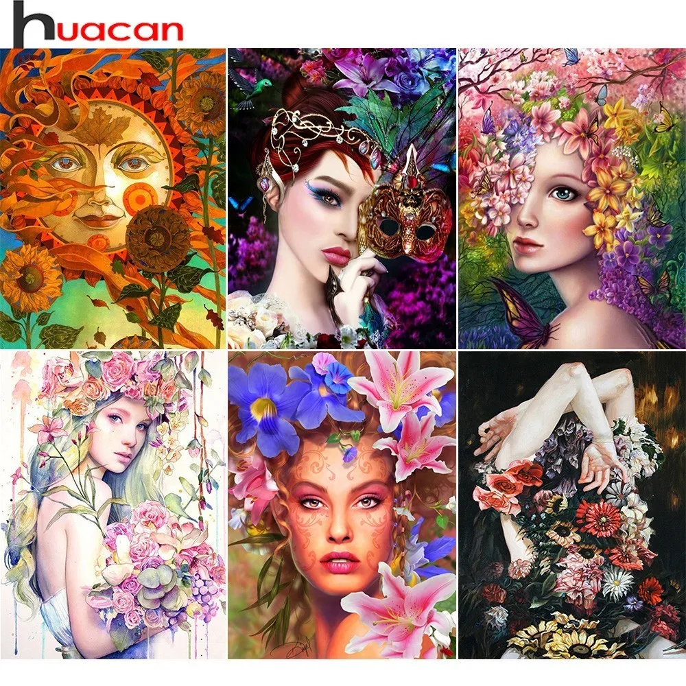 

Huacan 5D Diamond Painting Full Square Portrait Series Diamond Embroidery Flower Cross Stitch Rhinestones Mosaic Beauty Woman