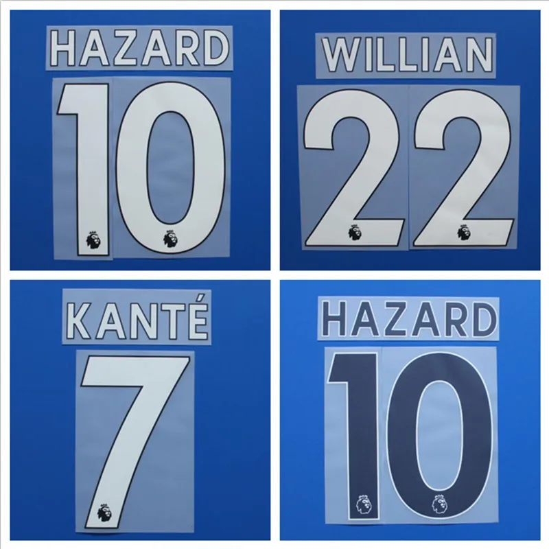 

New 1819 HAZARD JORGINHO PULISIC HIGUAIN GIROUD KANTE WILLIAN FABREGAS Custom Number Printing Font, Hot stamping Patches Badges