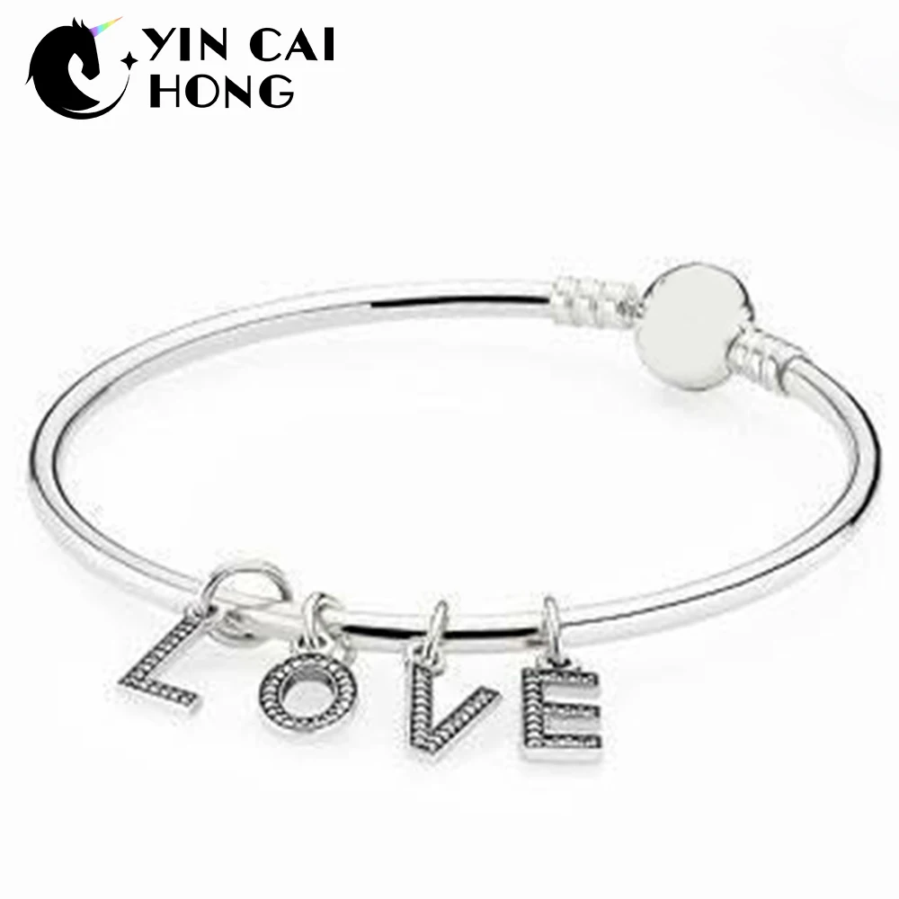 

YCH 100% 925 Sterling Silver 1:1 Letter dangle with cubic zirconia BANGLE BRACELET Love Romantic Valentine's Day Gift Set