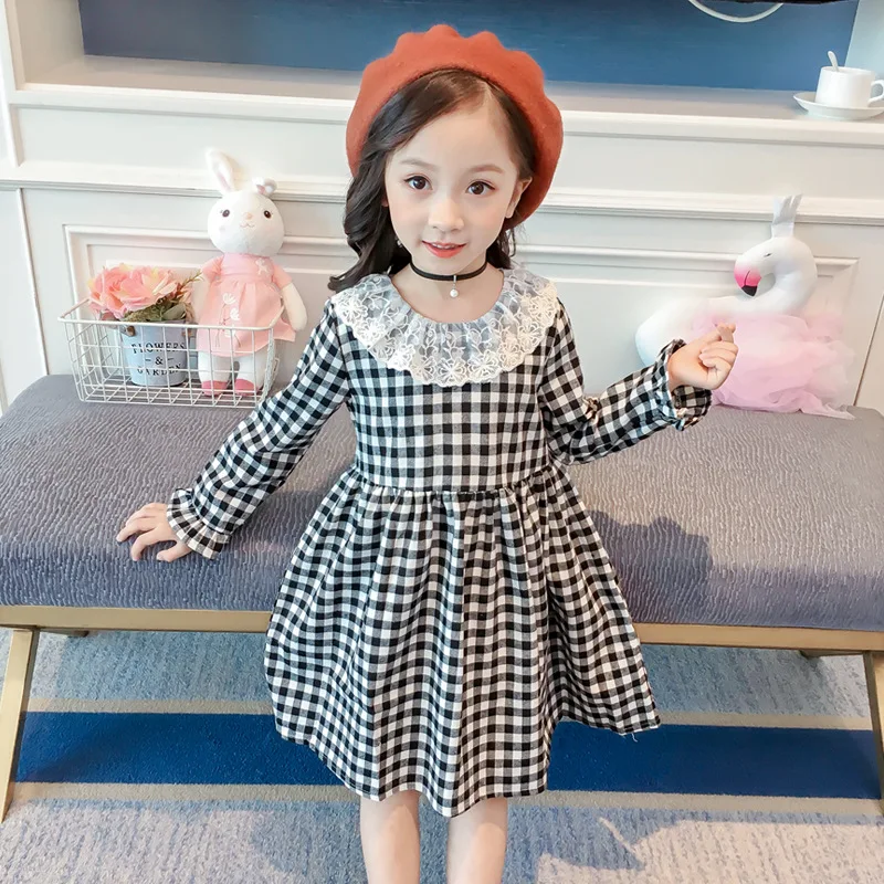 

2019 Spring&Autumn Girl Kids White Lace Collar White&Black Plaid Dress Princess Baby Girl Party Dress for Baby Girls Clothes