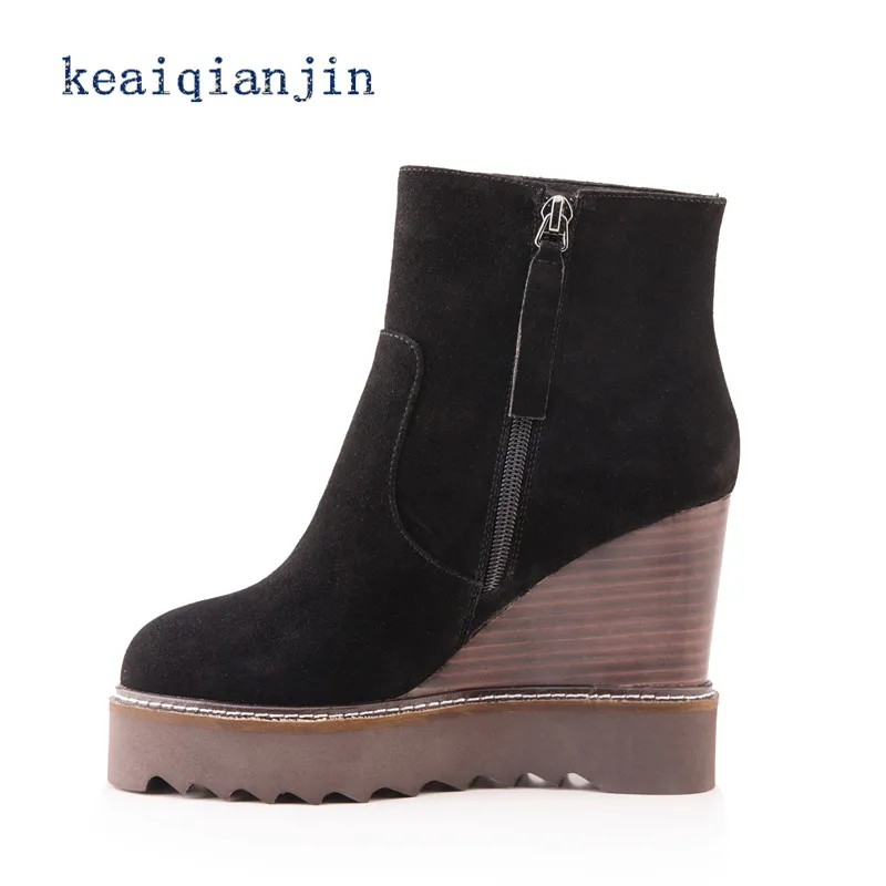 

2017 Wedges Ankle Boot Fashion Nubuck Leather Genuine Leather Martin Boots Black High Heel Boots Woman Autumn Winter Ankle Boots
