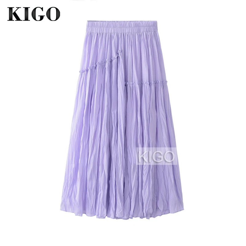 

Women Summer Pleated Skirt High Waist Purple Midi Skirt Elastic Waist Chiffon Skirt Jupe Femme Saia Falda 2018 KF0564H