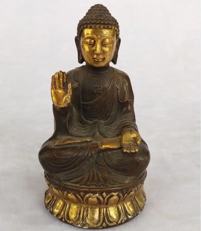 

High 11 CM /4 INCH Chinese Old Handmade Gilt Bronze Shakyamuni Buddha Sculpture home decoration figure statue