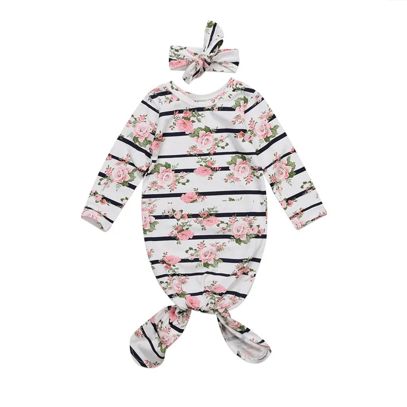 

2018 Spring Autumn Toddler Baby Girls Outfit Floral Striped Casual Sleeping Bag Rompers Headband Infants Clothes 2PCS Clothes