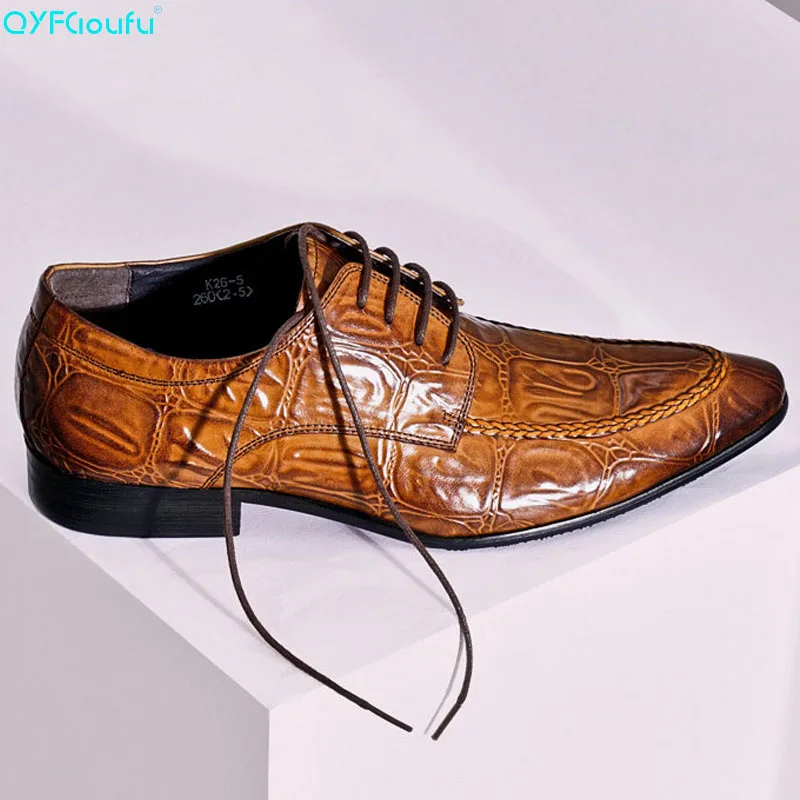 

Vintage British Man Dress Shoe Genuine Leather Crocodile Pattern Oxfords Pointed Toe Lace Up Men Wedding Flats US 11.5