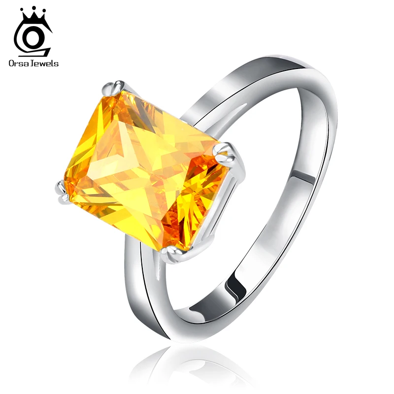 ORSA JEWELS 2019 New Arrival 4 ct Princess Cut Yellow Zircon Vintage CZ Ring Hot Selling Silver Color Rings for Ladies OR59