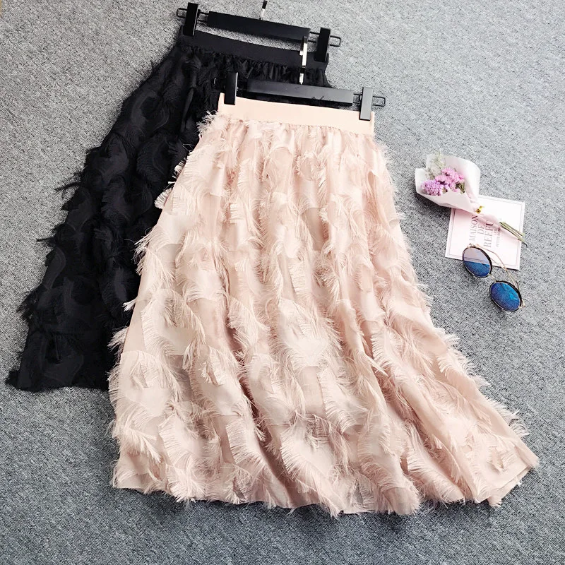 Skup Wiosna jesień kobiety moda Feather tassel plisowana spódnica elastyczny, wysoki zwężone kobiety Midi Party spódnica Saias Faldas Jupe Femmle