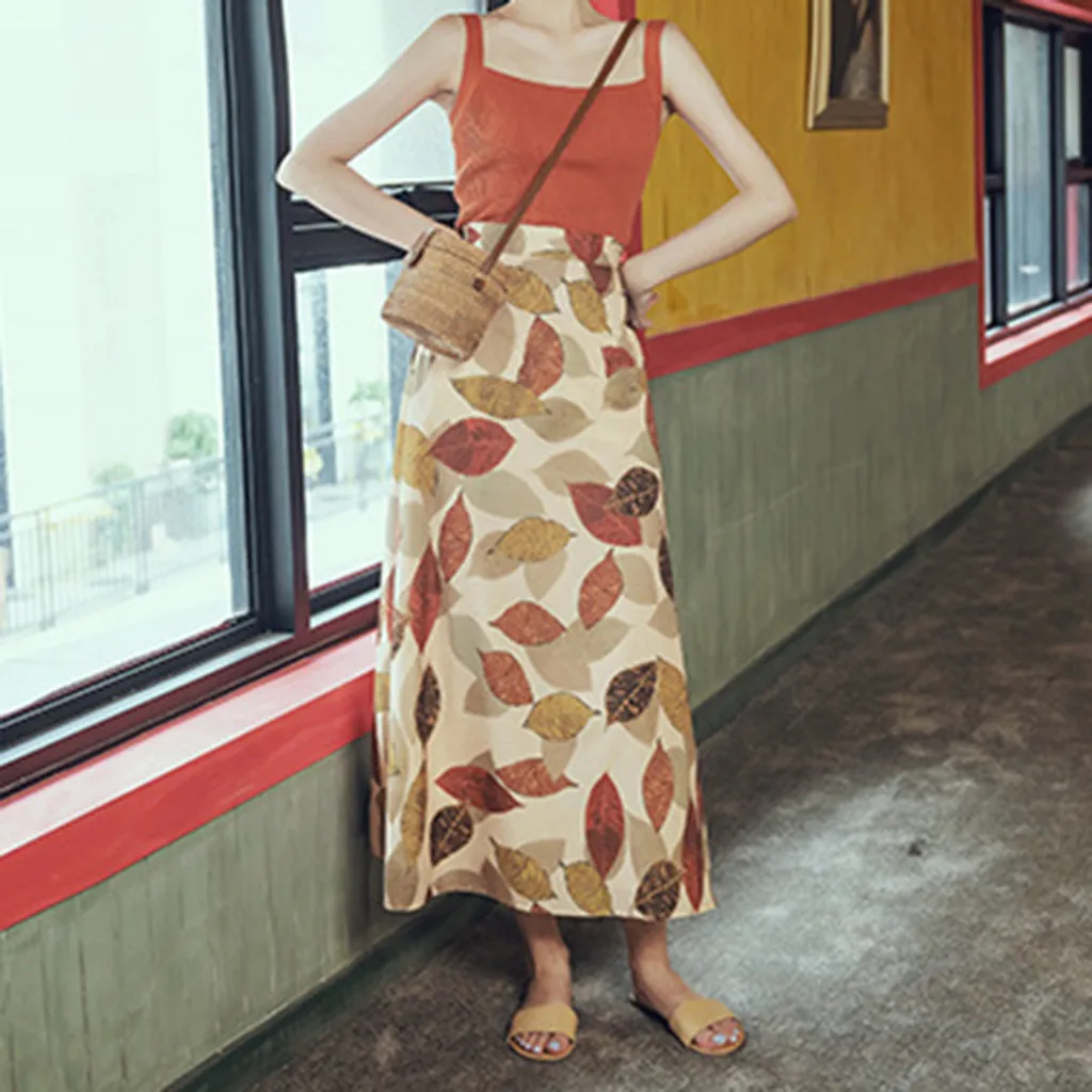 Faldas, летние юбки с принтом, Saia, для женщин, высокая талия, элегантная юбка, тонкая, повседневная, винтажная, с принтом листьев, пляжная юбка, Falda Mujer@ 40