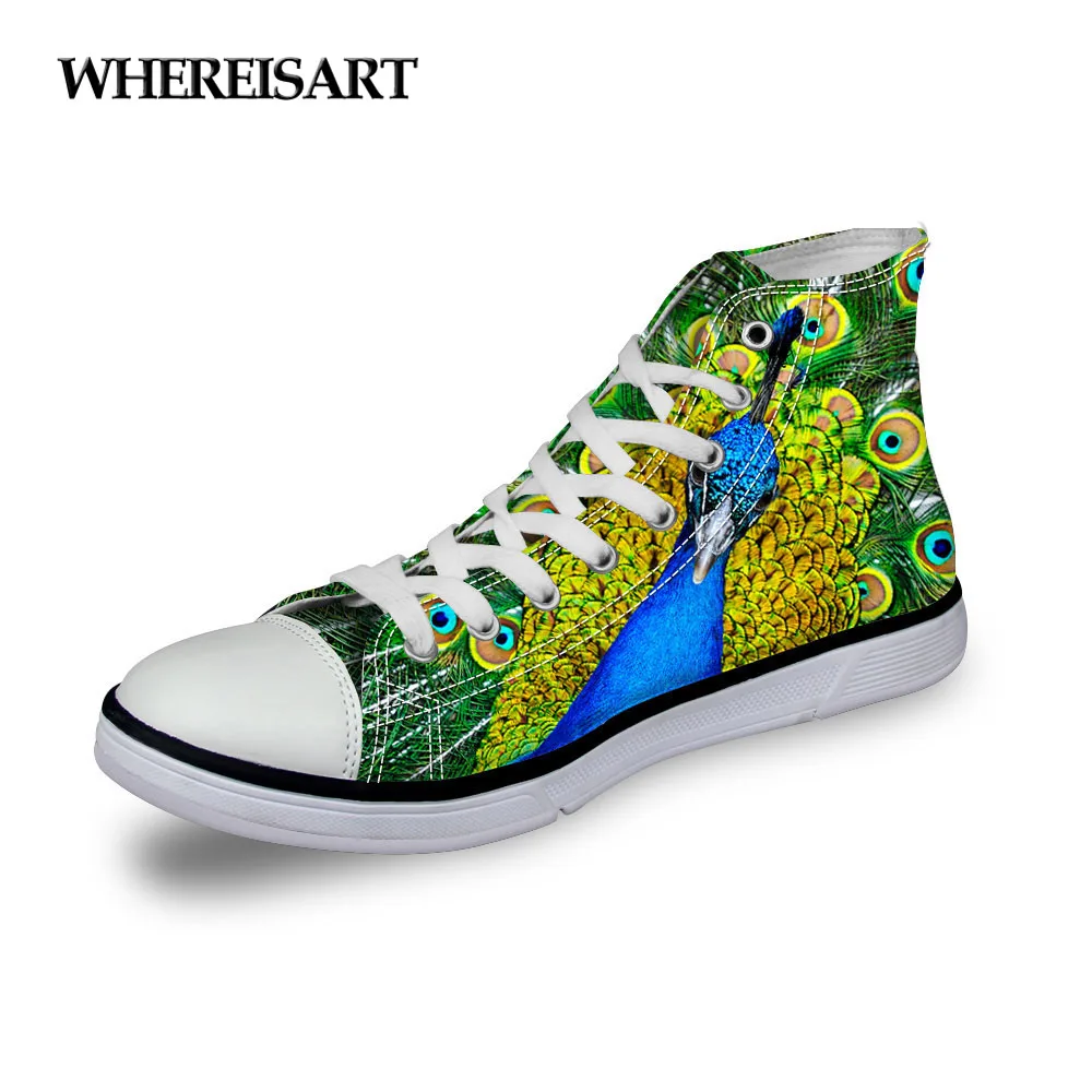 

WHEREISART 2019 Brand High Top Vulcanize Women Shoes Canvas Spring Sneakers Peacock Print Board Footwear Homme Tenis Feminino