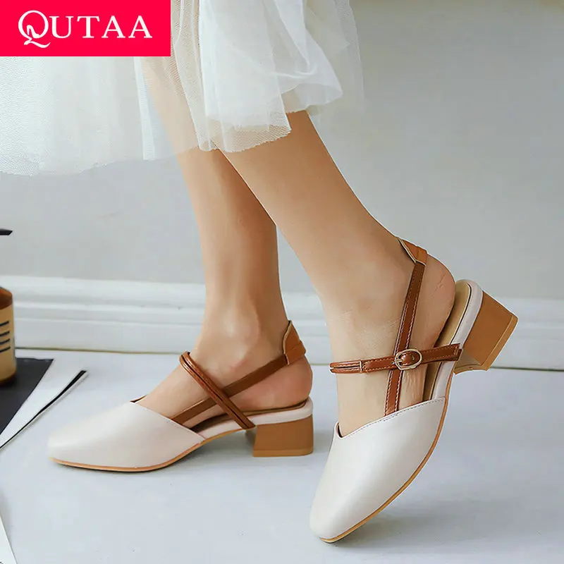 

QUTAA 2020 Women Shoes Platform Pu Leather Women Pumps Buckle Casual Square Toe Slingback Fashion Ladies Pumps Size 34-43