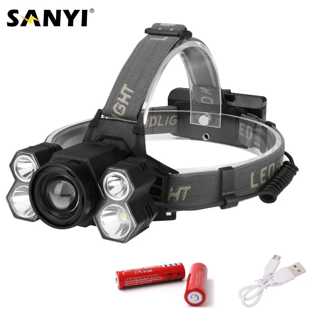 Светодиодный налобный фонарь Sanyi 3 * T6 + 2 XPE головное освещение с фокусировкой 18650