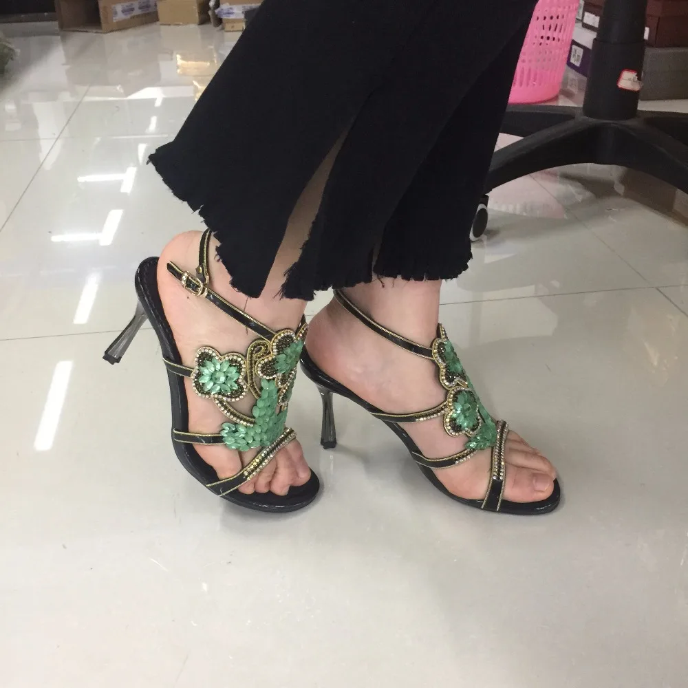 

Luxury Green Rhinestone Sandals Ankle Strap High Quality Womens Sandals Summer Sandale Femme Ete