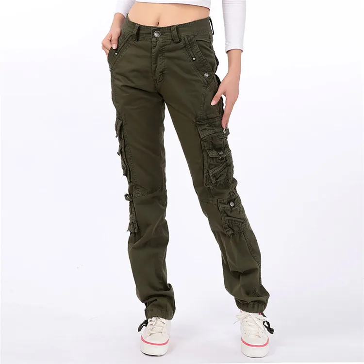 Женские хлопковые брюки-карго; брюки для отдыха; Брюки с карманами; повседневные брюки - Цвет: Армейский зеленый