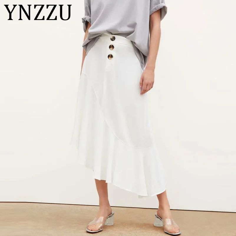 

YNZZU Elegant High Waist White Skirts Womens 2019 Chic Irregular Ruffle Buttons Female Long Skirt jupe femme Women Bottoms AB188
