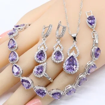 

Pear Shape Purple Zircon Silver Color Jewelry Sets For Women Bracelet Earrings Necklace Pendant Rings Gift Box