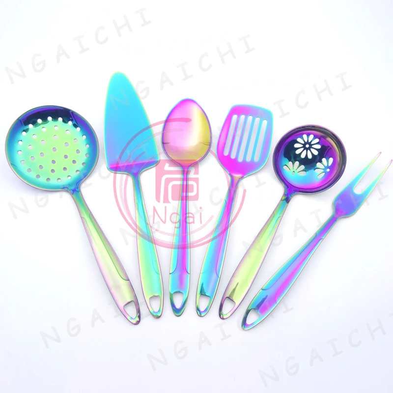 US $45.49 Rainbow Knife Filter Scoop Fork Stainless Steel Kitchenware Oversize Cake Long Spatula Big Fork Kitchenware Cooking Tool 6pcSet